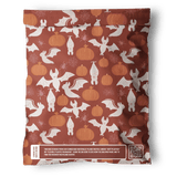 The impack.co SALE - Halloween Bats Mailers 10" x 13" US feature a festive orange-and-white pumpkin, bat, and bunny design with recycling info and QR code—biodegradable mailers for eco-friendly Halloween shipping.