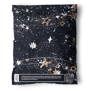 The impack.co Midnight Galaxy Mailers 10" x 13" feature black celestial packaging with white and gold stars, a sustainability message, and a QR code on the bottom label—ideal for those seeking biodegradable mailers.