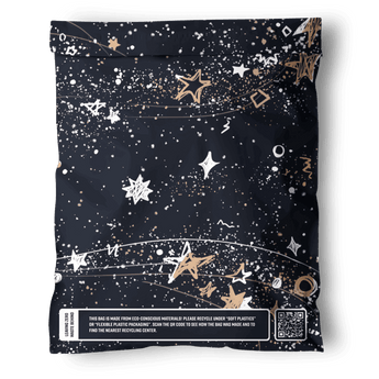 The impack.co Midnight Galaxy Mailers 10" x 13" feature black celestial packaging with white and gold stars, a sustainability message, and a QR code on the bottom label—ideal for those seeking biodegradable mailers.