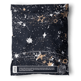 The impack.co Midnight Galaxy Mailers 14.5" x 19" feature a dark celestial design with white and gold stars and swirls, plus a recycling message and QR code on the bottom for a stylish, eco-friendly shipping option.