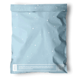 Impack.co’s Starry Baby Blue Biodegradable Mailers (10"x13") come in a resealable, eco-friendly bag with white spots, a QR code, and recycling info—perfect for sustainable shipping.