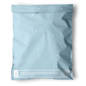 Impack.co’s Starry Baby Blue Biodegradable Mailers (10"x13") come in a resealable, eco-friendly bag with white spots, a QR code, and recycling info—perfect for sustainable shipping.