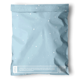 Impack.co’s Starry Baby Blue Biodegradable Mailers (10"x13") come in a resealable, eco-friendly bag with white spots, a QR code, and recycling info—perfect for sustainable shipping.
