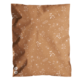A piece of brown fabric with white floral patterns, two buttons, and is packaged in impack.co Floral 2D Chestnut Biodegradable Mailers 12" x 15.5".