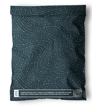 The impack.co SALE - Wavy Dots Biodegradable Mailers (19" x 24") feature a dark design with white dots and an eco-friendly message near the bottom—ideal for eco-conscious shipping needs.