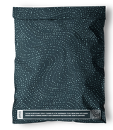 The impack.co Wavy Dots Biodegradable Mailers 19" x 24" feature a dark design with dotted pattern, recyclable and biodegradable labeling, and a QR code—perfect for eco-friendly packaging needs.