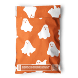 Impack.co’s SALE- Halloween Ghost Pumpkin Biodegradable Mailers (6" x 9") feature a fun pattern of smiling white ghosts—perfect for Halloween! Each orange mailer includes a printed recycling message and QR code at the bottom.