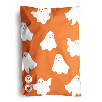 The SALE- Halloween Ghost Pumpkin Biodegradable Mailers 6" x 9" by impack.co feature an orange design with smiling white ghosts—ideal for festive, eco-friendly shipping this Halloween.