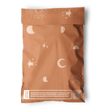 The impack.co Celestial Tan Mailers 6" x 9" are brown, reusable mailers with moon and star designs, plus a white recycling info label featuring a QR code at the bottom.