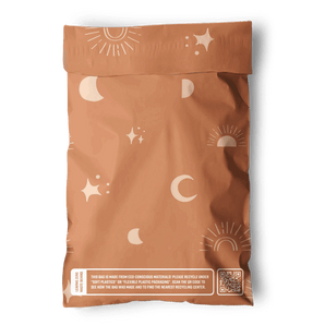 The impack.co Celestial Tan Mailers 6" x 9" are brown, reusable mailers with moon and star designs, plus a white recycling info label featuring a QR code at the bottom.