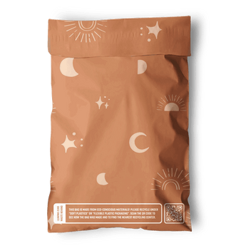 The impack.co Celestial Tan Mailers 6" x 9" are brown, reusable mailers with moon and star designs, plus a white recycling info label featuring a QR code at the bottom.