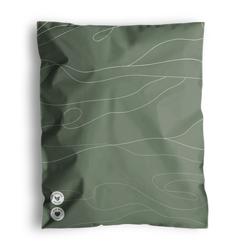 A green pillowcase with white wavy lines design. Two small round buttons with symbols are located at the bottom left corner, reminiscent of the careful detailing found in impack.co's Tidal Moss Mailers 10" x 13" used for medium-sized shipments.