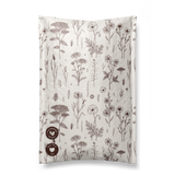 A beige bag with brown floral line drawings, featuring two circular logos at the bottom, is perfect for carrying fragile items. This stylish accessory keeps your belongings secure, similar to how impack.co's Wildflower Biodegradable Bubble Mailers 6" x 9" provide protection during transit.
