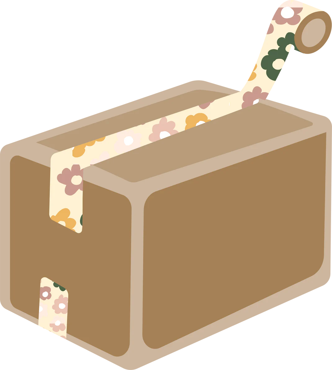 Tape dispenser with floral patterned tape partially extended.