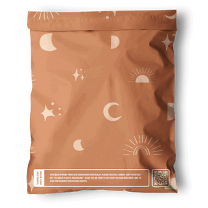 Impack.co's Celestial Tan Mailers 10" x 13" feature brown eco-friendly packaging with abstract moon, sun, and star designs; a white label and QR code appear on the bottom left for a stylish sustainable touch.