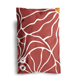 The SALE Crimson Grove Mailers by impack.co feature a stylish red pattern with white abstract lines and small circular logos, ensuring both style and transit protection for your 6" x 9" items.
