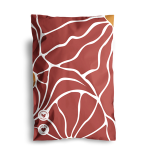 The SALE Crimson Grove Mailers by impack.co feature a stylish red pattern with white abstract lines and small circular logos, ensuring both style and transit protection for your 6" x 9" items.