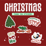 Impack.co Christmas Thank You Stickers feature festive designs like a tree, car with tree, penguin, and phrases such as "Wrapped with Joy," "HO HO HO," and "Thank You Snow Much!"—ideal for holiday gift wrapping.