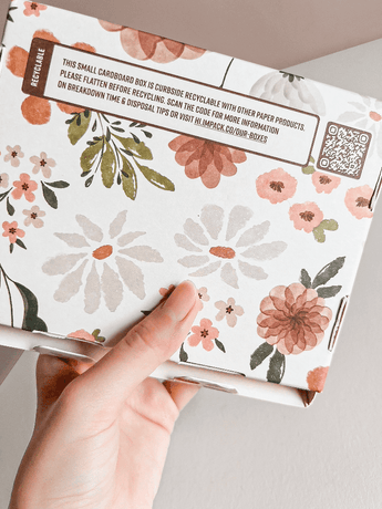 A hand holding a stylish ABC Box Gardenlumina 4.8" x 6" - Medium with floral packaging from impack.co.