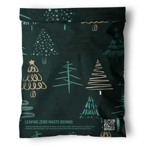 The impack.co Pine Forest Mailers (12" x 15.5") feature dark green, biodegradable material with Christmas tree designs and "Leaving Zero Waste Behind" text—ideal for eco-friendly holiday packaging.