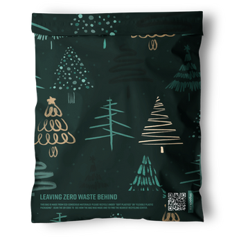 The impack.co Pine Forest Mailers (12" x 15.5") feature dark green, biodegradable material with Christmas tree designs and "Leaving Zero Waste Behind" text—ideal for eco-friendly holiday packaging.