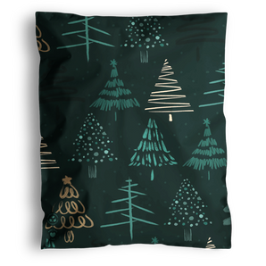 The impack.co Pine Forest Mailers 12" x 15.5" feature a dark green design with stylized Christmas trees in green and beige, and are delivered in eco-friendly or biodegradable packaging for a sustainable holiday touch.