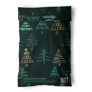 The Pine Forest Mailers 6" x 9" by impack.co feature dark green biodegradable material, gold and teal Christmas tree designs, "Leaving Zero Waste Behind" text, and a QR code—ideal for eco-friendly festive shipping.