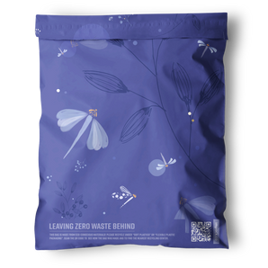 Impack.co’s Dragonfly Purple Biodegradable Mailers 10" x 13" come in a sealed purple bag with dragonfly and floral designs, “Leaving Zero Waste Behind” text, plastic-free packaging, and a QR code at the bottom right corner.