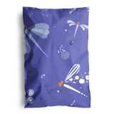 The impack.co Dragonfly Purple Biodegradable Mailers (6" x 9") feature a purple design with abstract dragonflies, leaves, and floral patterns in white, blue, and orange—perfect for sustainable shipping.