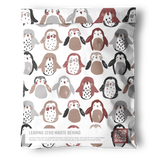 The impack.co Imperfect Penguins Mailers (14.5" x 19") are reusable, biodegradable mailers with a hand-drawn penguins print in brown, gray, and beige, plus "Leaving Zero Waste Behind" at the bottom.