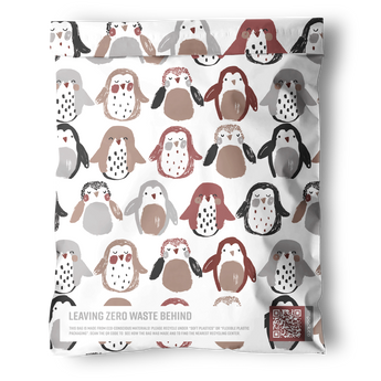 The impack.co Imperfect Penguins Mailers (14.5" x 19") are reusable, biodegradable mailers with a hand-drawn penguins print in brown, gray, and beige, plus "Leaving Zero Waste Behind" at the bottom.
