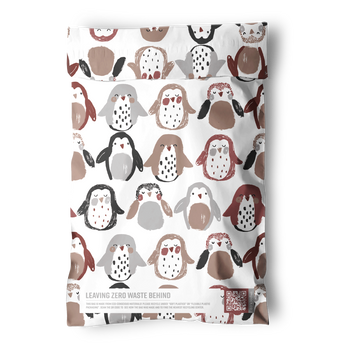 The impack.co Imperfect Penguins Bubble Mailers (6" x 9") are compostable, eco-friendly bags featuring a repeated pattern of penguins in brown, black, and gray with "Leaving Zero Waste Behind" text at the bottom.