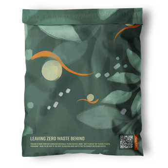 The Boho Green Leaves Biodegradable Mailers 14.5" x 19" from impack.co feature abstract leaf designs, the phrase “Leaving Zero Waste Behind,” and a QR code—a stylish, reusable alternative to regular packaging.