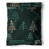 The Pine Forest Mailers 10" x 13" by impack.co feature dark green, hand-drawn Christmas tree designs and "Leaving Zero Waste Behind" printed at the bottom—an ideal eco-friendly packaging for your holiday mailers.
