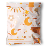 The impack.co Boho Sun & Moon Biodegradable Mailers 10" x 13" feature pastel orange, yellow, and brown abstract floral and crescent moon motifs, a “Leaving Zero Waste Behind” label, celestial boho design, and a QR code in the corner.