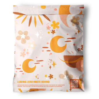 The impack.co Boho Sun & Moon Biodegradable Mailers (14.5" x 19") feature pastel orange and yellow sun and moon designs with crescent moons, flowers, and “Leaving Zero Waste Behind” text beside a QR code—perfect for eco-friendly boho packaging.
