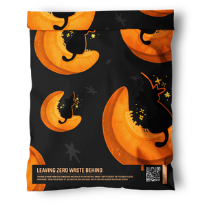 The impack.co Halloween Pumpkitties Mailers (10" x 13") feature a black pouch with orange moon and witch hat cat designs, plus a QR code and “Leaving Zero Waste Behind” label—an eco-friendly alternative for small shipments.