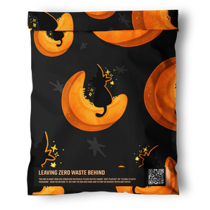Impack.co’s Halloween Pumpkitties Mailers (14.5" x 19") feature black packaging with orange crescent moons and black cat silhouettes, plus “Leaving Zero Waste Behind” and a QR code with recycling instructions—perfect for eco-friendly Halloween shipping.