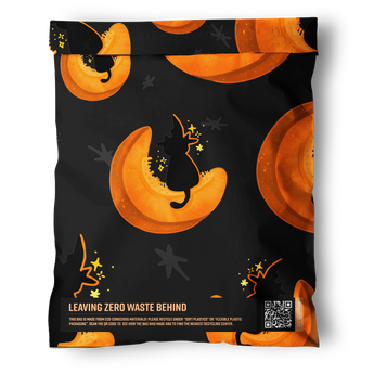 The impack.co Halloween Pumpkitties Mailers (14.5" x 19") feature a black biodegradable design with orange crescent moons, a cat silhouette, "Leaving Zero Waste Behind" text, and a QR code—ideal for sustainable Halloween packaging.
