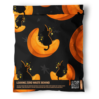 The Halloween Pumpkitties Mailers 19" x 24" by impack.co are black, small shipping bags with orange crescent moons and silhouetted cats. Text at the bottom promotes zero waste and a QR code links to recycling info—great eco-friendly Halloween packaging.