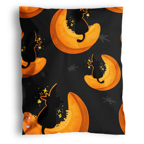 Impack.co’s Halloween Pumpkitties Mailers 19" x 24" feature black cat silhouettes in wizard hats on orange pumpkins with starry backgrounds—ideal for festive, eco-friendly shipping and Halloween packaging.