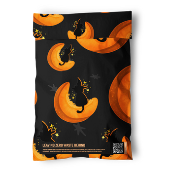 The Halloween Pumpkitties Mailers 6" x 9" by impack.co feature a black resealable bag with orange crescent moons, black cats, and gold stars. "Leaving Zero Waste Behind" and a QR code are at the bottom—perfect for eco-friendly shipping.