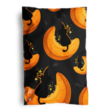 Impack.co’s Halloween Pumpkitties Mailers (6" x 9") feature black cats in hats on orange crescent moons with star accents on a black background—perfect for cozy, eco-friendly Halloween gifting!.