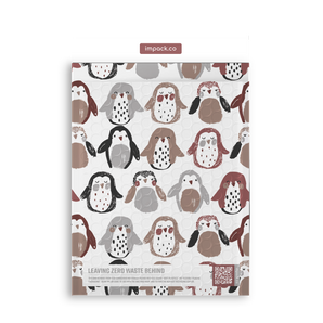 The SALE - Penguins Bubble Mailers 6" x 9" by impack.co are recyclable mailers featuring illustrated penguins in brown, gray, and white—offering fun, protective packaging for your shipments.