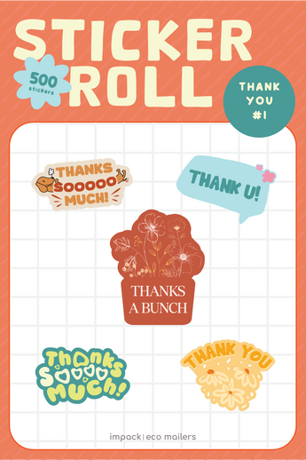 Sticker Roll - Assorted Designs by impack.co features five colorful 'thank you' recyclable paper stickers (500 count), a grid background, and eco-friendly messaging at the bottom.
