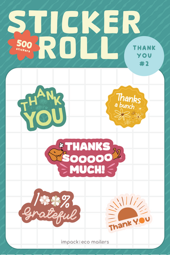 The impack.co Sticker Roll - Assorted Designs features five colorful thank you-themed stickers with phrases like "THANK YOU," "Thanks a bunch," and "100% grateful." Ideal for adding flair to gifts or packaging.