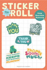 Impack.co’s Sticker Roll - Assorted Designs features five colorful and supportive thank you stickers with playful grid backgrounds, made from recyclable paper for eco-friendly packaging.