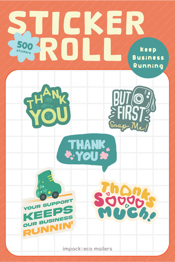 Impack.co’s Sticker Roll - Assorted Designs features five colorful and supportive thank you stickers with playful grid backgrounds, made from recyclable paper for eco-friendly packaging.