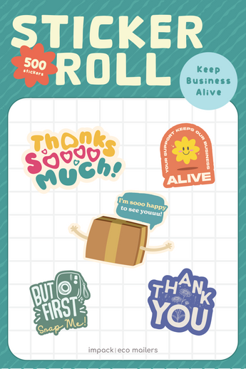 Impack.co’s Sticker Roll - Assorted Designs features five colorful, positive-message stickers made from recyclable paper—perfect for eco-friendly packaging or sharing uplifting vibes!.