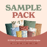 Discover impack.co's Sample 10 pack mixed mailers, offering a free selection of floral and abstract designs in calming green and earthy tones. These versatile mailers come in sizes 14.5"x19", 10"x13", and 6"x9", perfectly blending style with functionality.